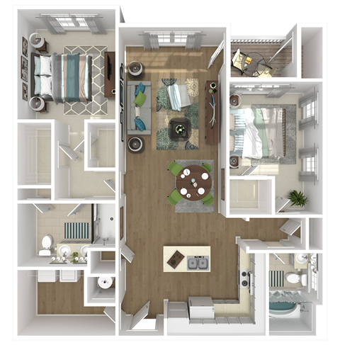Floor plan for 2 beds, 2 baths, 1269 sqft